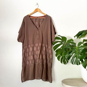 GUDRUN SJODEN Cotton/Linen Brown Light Weight Tunic Frock Size XXL Medallion